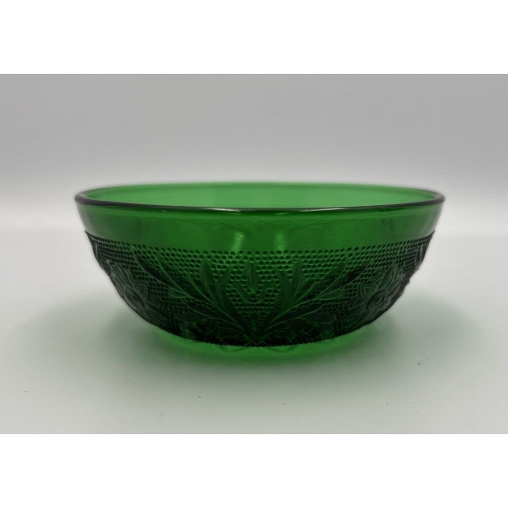 Vintage Emerald Green Pressed Glass Berry Dessert Bowls Floral Set of 2 - Picture 3 of 9
